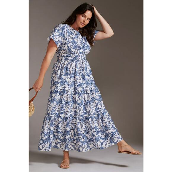 nwt by ANTHRPOLOGIE sz 2X Somerset Maxi Dress Blue White Floral Motif - Picture 6 of 7